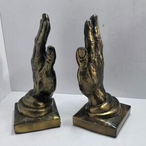 Vintage Brass Praying Hands Bookends Heavy Sculptural Religious Decor MCM 9 in